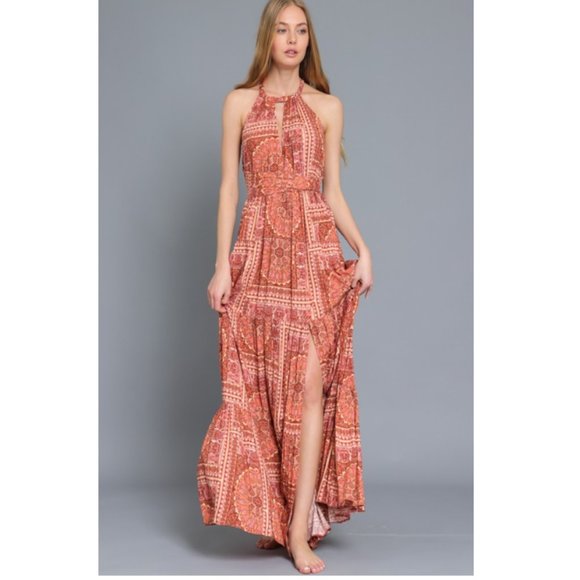 Aakaa Brick Twist Tie Back Tiered Bohemian Maxi Dress DA28082Y - Picture 6 of 12